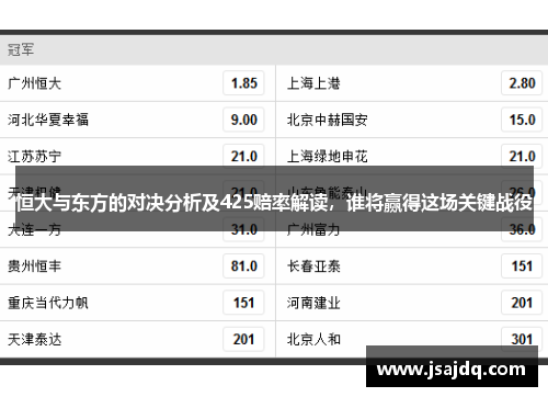恒大与东方的对决分析及425赔率解读，谁将赢得这场关键战役