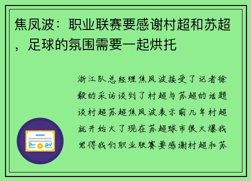 焦凤波：职业联赛要感谢村超和苏超，足球的氛围需要一起烘托